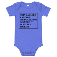 Load image into Gallery viewer, Wanderer Catholic Patron Saints Baby Onesie
