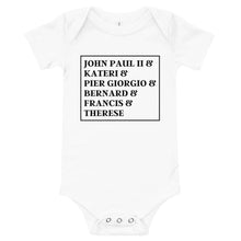 Load image into Gallery viewer, Wanderer Catholic Patron Saints Baby Onesie
