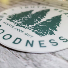 Load image into Gallery viewer, Truth Beauty and Goodness Sticker round 3 x 3 sticker closeup
